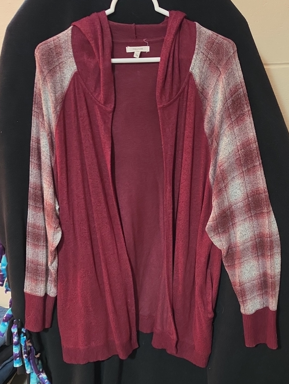 Maurices Burgundy Hooded Open-Front Cardigan with Plaid Sleeves